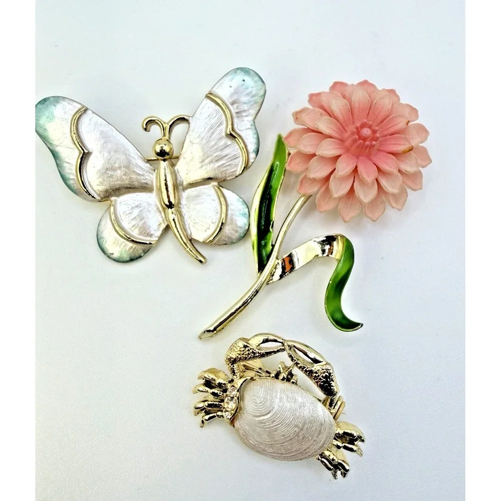 Vtg Gerry's Signed Brooch 3-pc Lot Enamel Butterfly Real Shell Crab Flower Pins